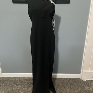 SLNY Black Cap Shoulder Maxi Dress with Rhinestone Detail, zip back.
